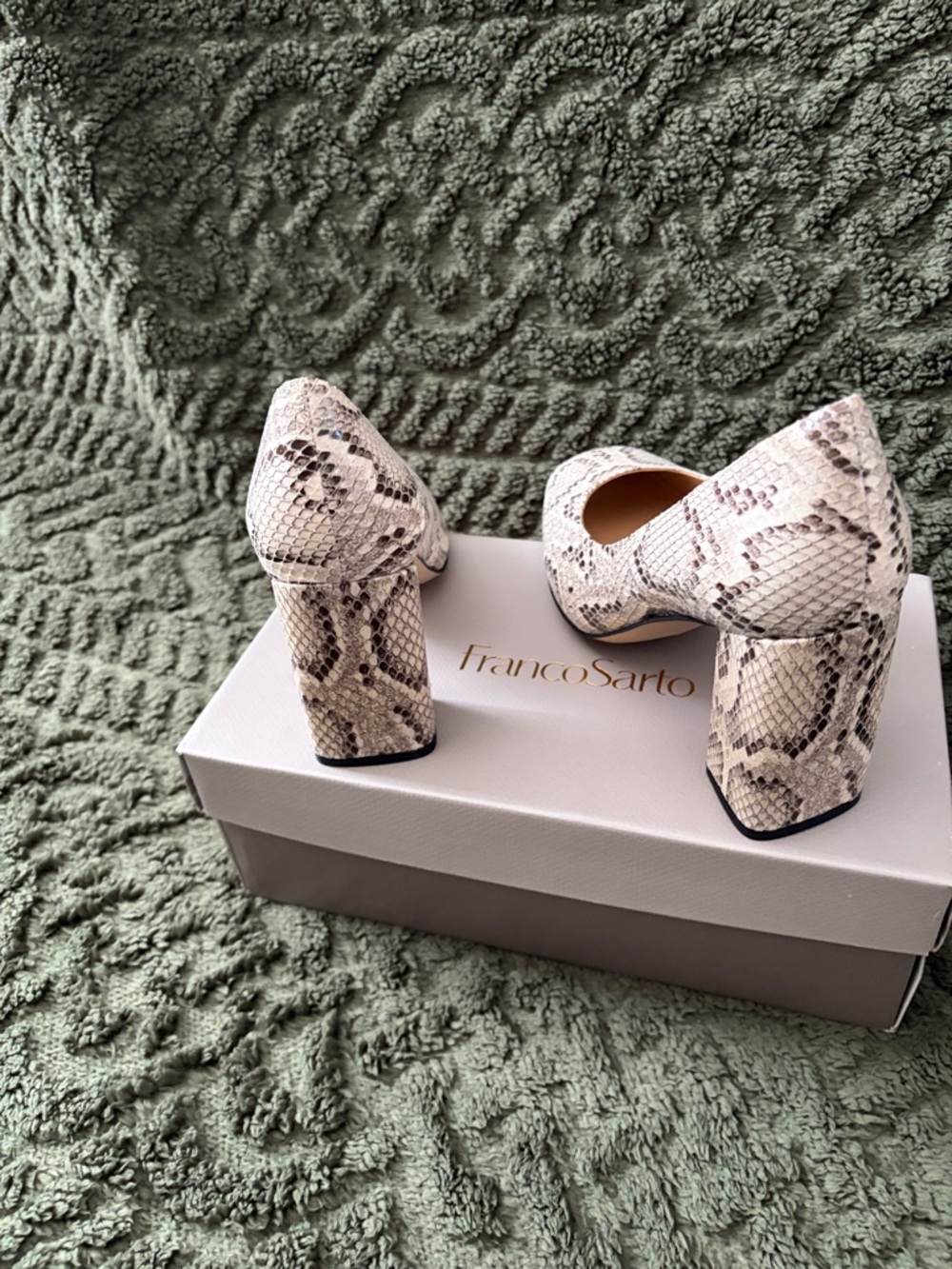 Franco Sarto Beige Snake-Print Block Heel Pumps - Picture 4 of 5